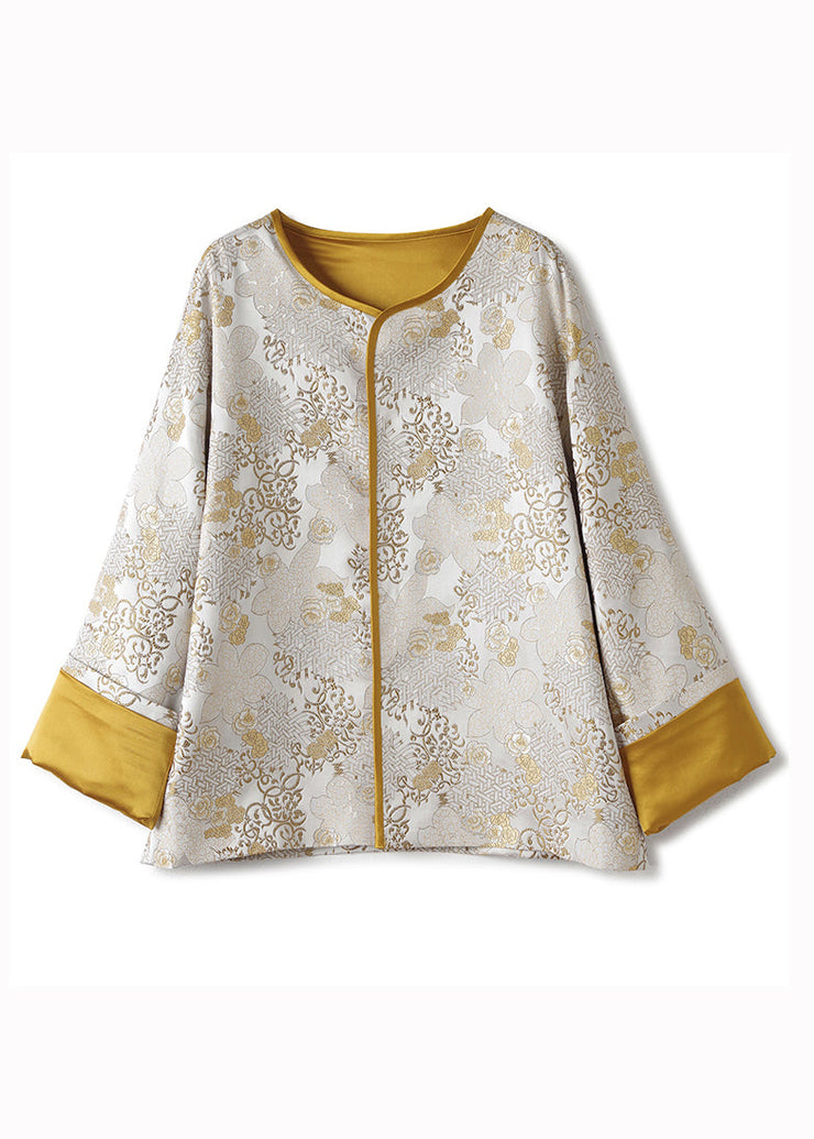 Chinese Style Yellow Jacquard Patchwork Loose Silk Coats Fall