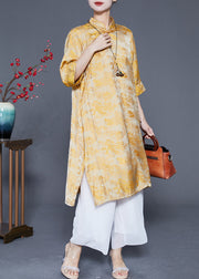 Chinese Style Yellow Jacquard Side Open Silk Dresses Summer