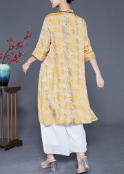 Chinese Style Yellow Jacquard Side Open Silk Dresses Summer