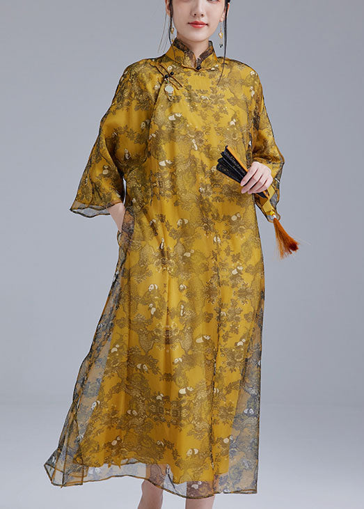 Luxy Yellow Oriental Button Tulle Silk Dress Cheongsam Dresses