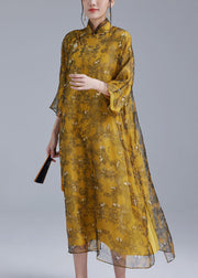 Luxy Yellow Oriental Button Tulle Silk Dress Cheongsam Dresses