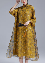 Luxy Yellow Oriental Button Tulle Silk Dress Cheongsam Dresses