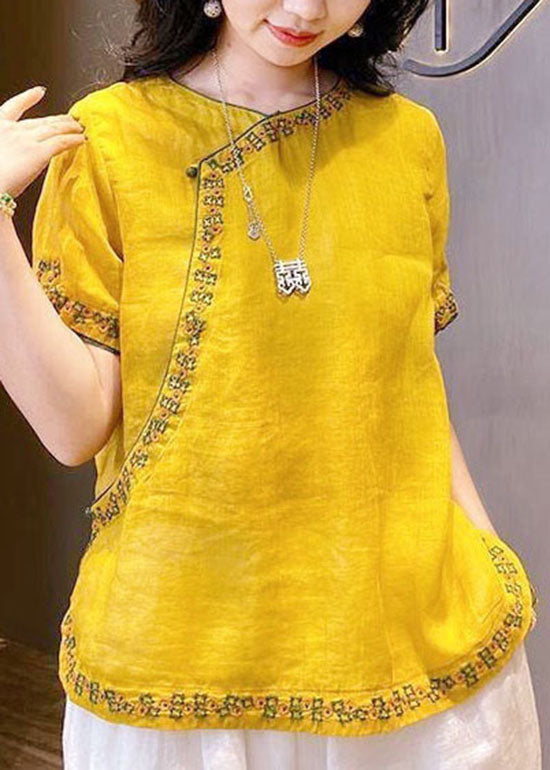 Chinese Style Yellow flower O-Neck Embroidered Linen Tops Short Sleeve