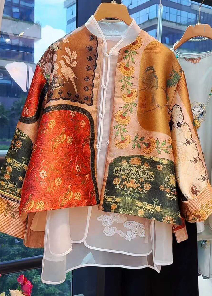 Chinese Style Yellow O-Neck Print Silk Coats Spring