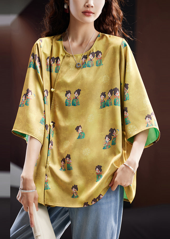 Chinese Style Yellow O-Neck Print T Shirt Fall