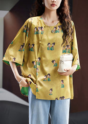 Chinese Style Yellow O-Neck Print T Shirt Fall