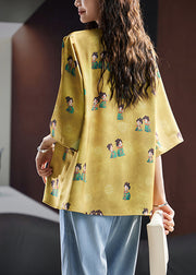 Chinese Style Yellow O-Neck Print T Shirt Fall