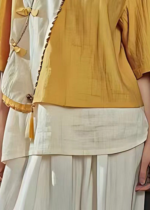 Chinese Style Yellow Peter Pan Collar Button Linen Shirts Summer