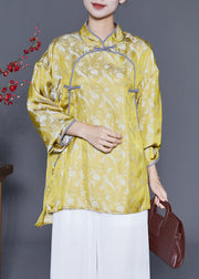 Chinese Style Yellow Print Chinese Button Silk Shirt Tops Summer