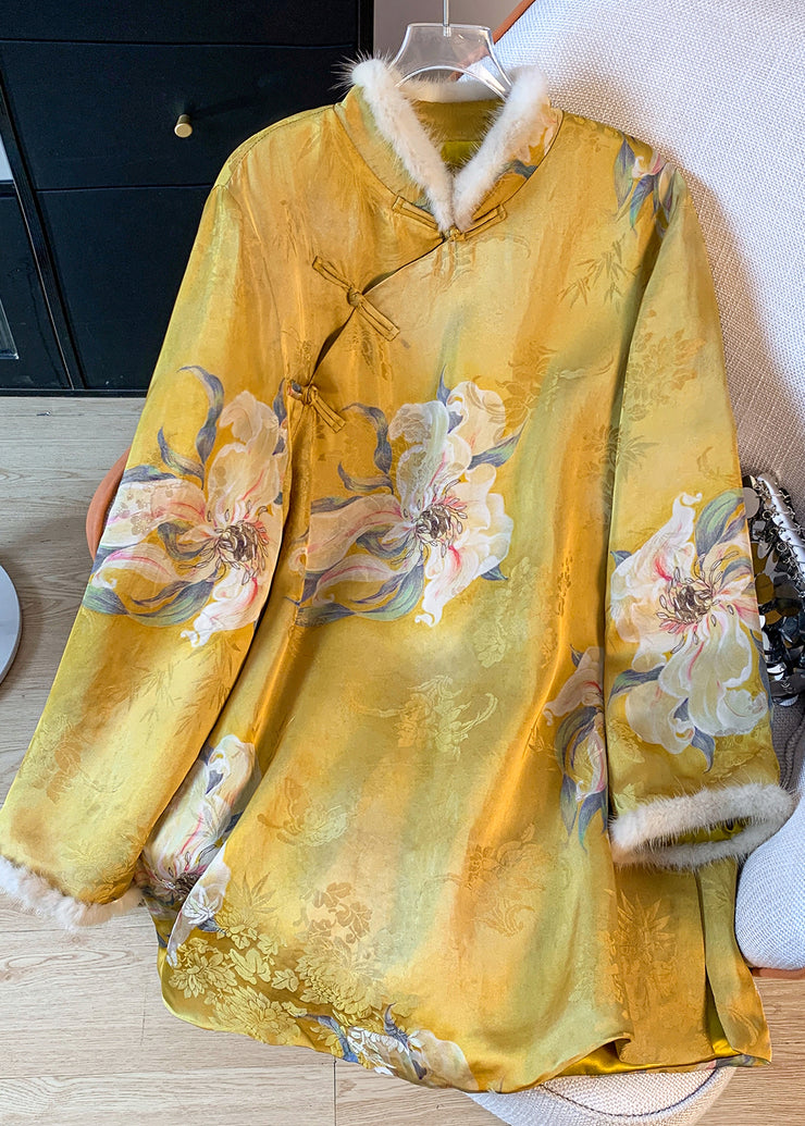 Chinese Style Yellow Print Patchwork Fine Cotton Filled Silk Coat Spring