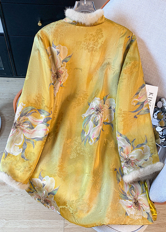 Chinese Style Yellow Print Patchwork Fine Cotton Filled Silk Coat Spring