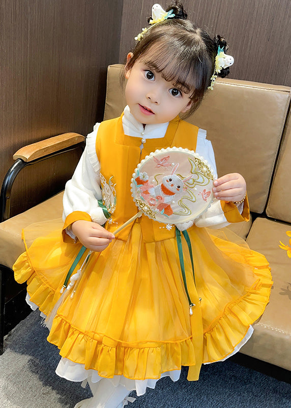 Chinese Style Yellow Ruffled Tulle Baby Girls Two Pieces Set Fall