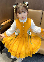 Chinese Style Yellow Ruffled Tulle Baby Girls Two Pieces Set Fall