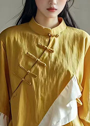 Chinese Style Yellow Stand Collar Asymmetrica Patchwork Top Long Sleeve