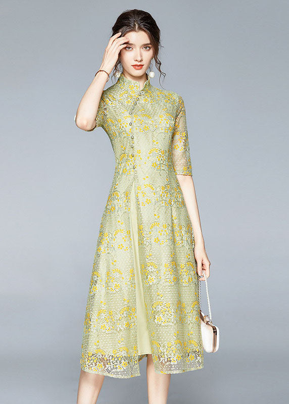 Chinese Style Yellow Stand Collar Button Patchwork Front Open Lace Dress Summer