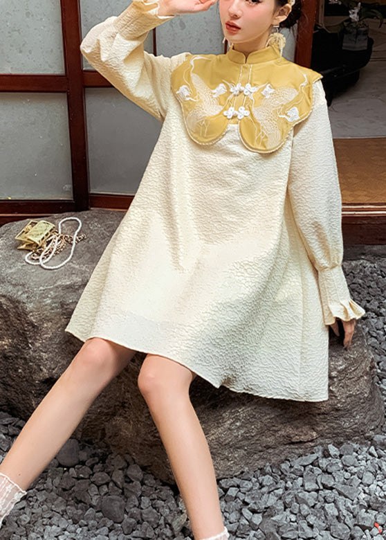 Chinese Style Yellow Stand Collar Embroideried Button Mid Dress Long Sleeve