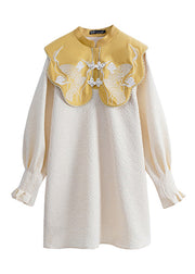 Chinese Style Yellow Stand Collar Embroideried Button Mid Dress Long Sleeve