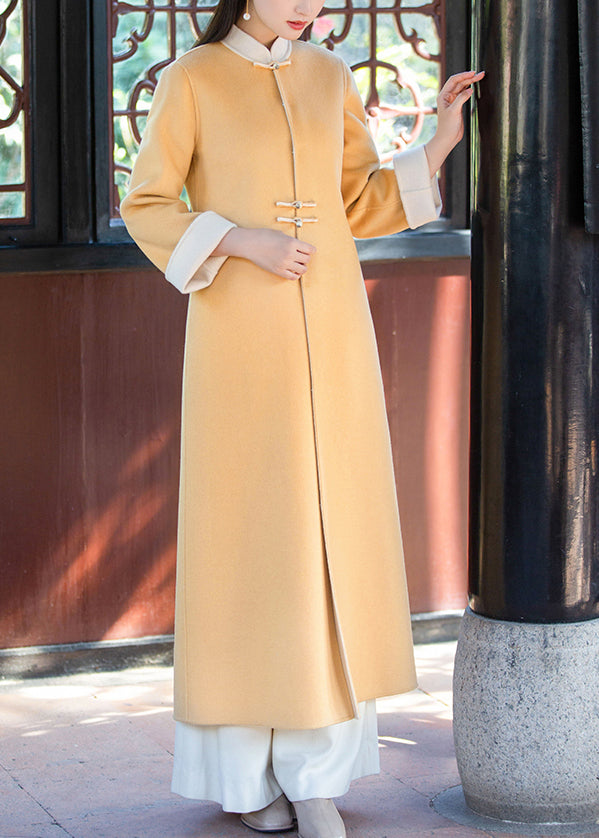 Chinese Style Yellow Stand Collar Pockets Woolen Trench Winter