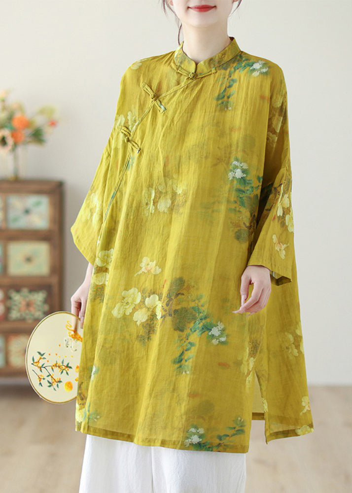 Chinese Style Yellow Stand Collar Print Button Linen Shirts Long Sleeve