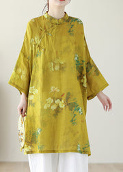 Chinese Style Yellow Stand Collar Print Button Linen Shirts Long Sleeve
