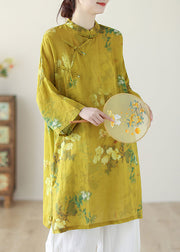 Chinese Style Yellow Stand Collar Print Button Linen Shirts Long Sleeve