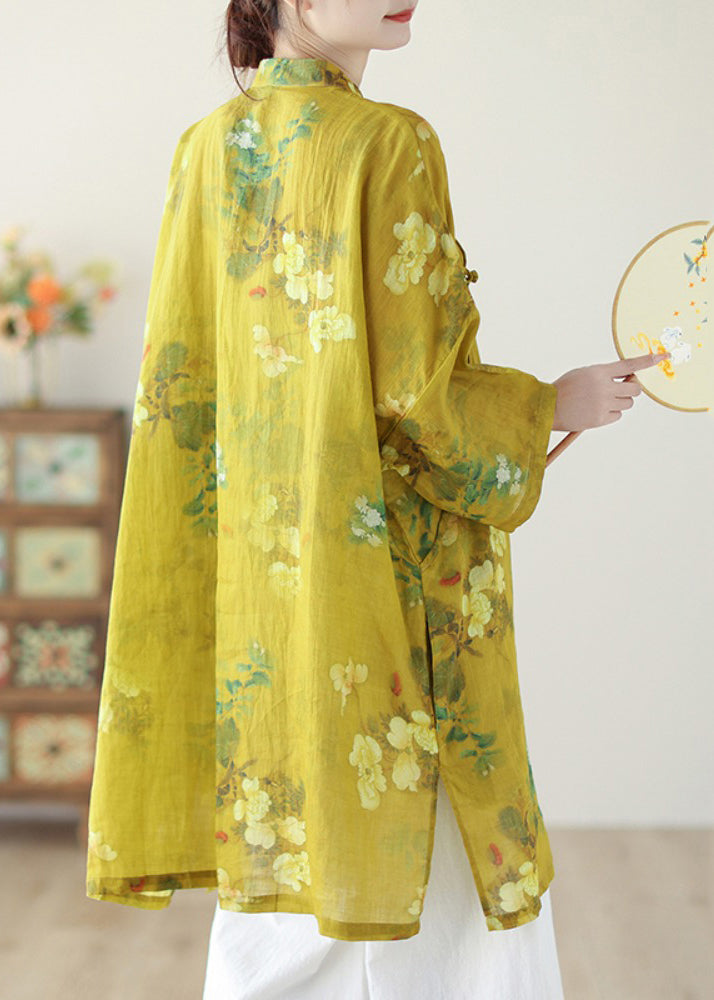 Chinese Style Yellow Stand Collar Print Button Linen Shirts Long Sleeve