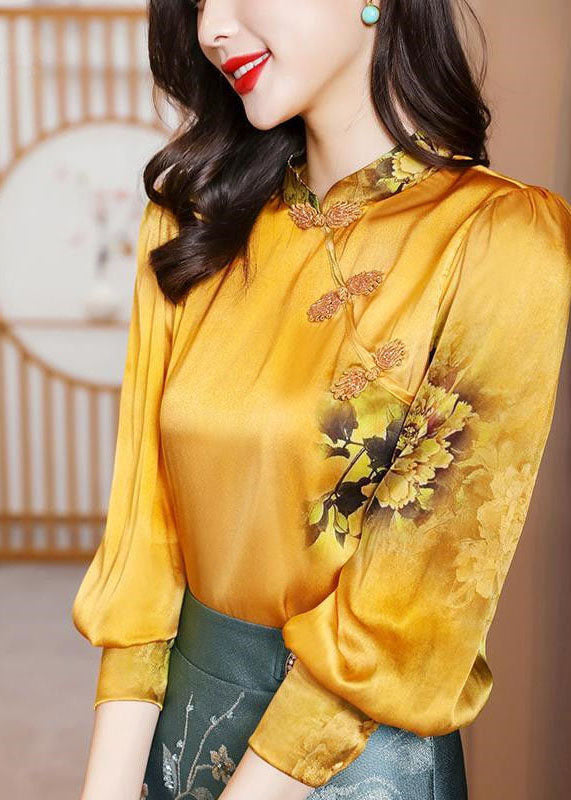 Chinese Style Yellow Stand Collar Print Draping Fine Silk Shirt Tops Long Sleeve