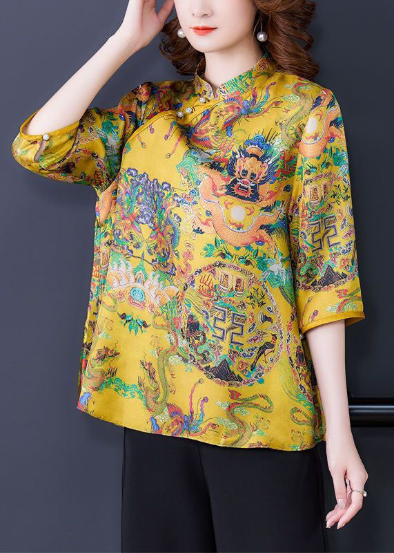 Chinese Style Yellow Stand Collar Print Silk Shirt Top Half Sleeve