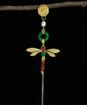 Chinese Style Yellow Sterling Silver Overgild Pearl Jade Dragonfly Tassel Brooch