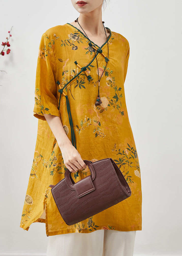 Chinese Style Yellow Tasseled Print Linen Dress Summer