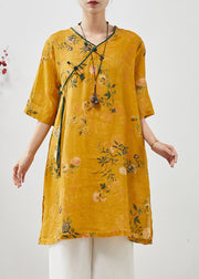 Chinese Style Yellow Tasseled Print Linen Dress Summer