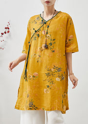Chinese Style Yellow Tasseled Print Linen Dress Summer