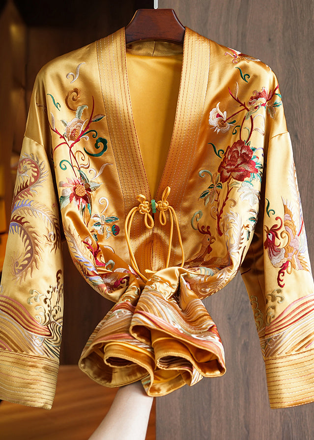 Chinese Style Yellow V Neck Embroidered Silk Short Coat Spring