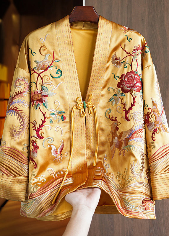 Chinese Style Yellow V Neck Embroidered Silk Short Coat Spring