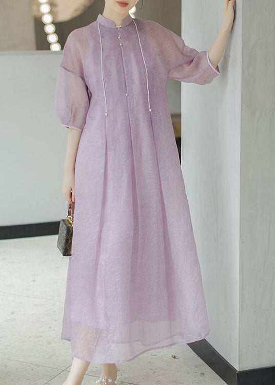 Chinese Style light Purple Nail Bead Patchwork Silk Long Dress Summer