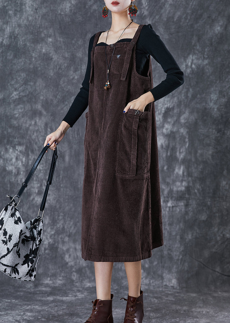 Chocolate Corduroy Strap Dress Oversized Pockets Fall