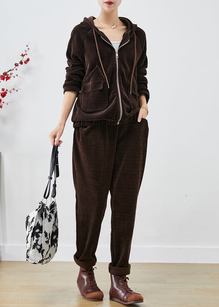 Chocolate Corduroy Sweatshirt Two Piece Set Zip Up Pockets Fall