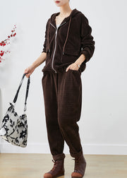 Chocolate Corduroy Sweatshirt Two Piece Set Zip Up Pockets Fall