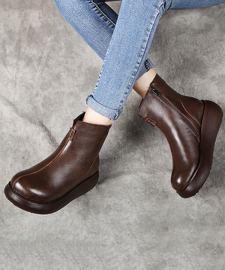 Chocolate Cowhide Leather Splicing Retro Ankle Boots