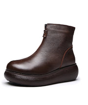 Chocolate Cowhide Leather Splicing Retro Ankle Boots