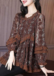 Chocolate Hollow Out Lace Blouse Tops Ruffled Spring