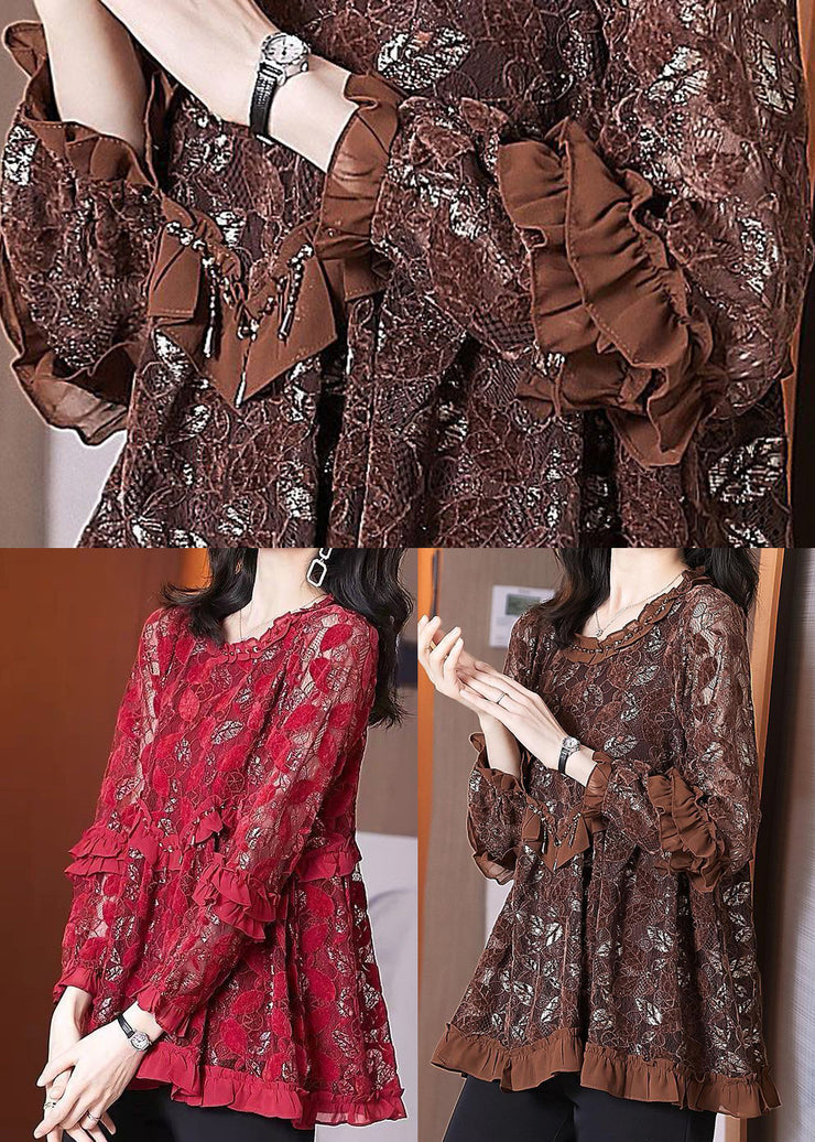 Chocolate Hollow Out Lace Blouse Tops Ruffled Spring
