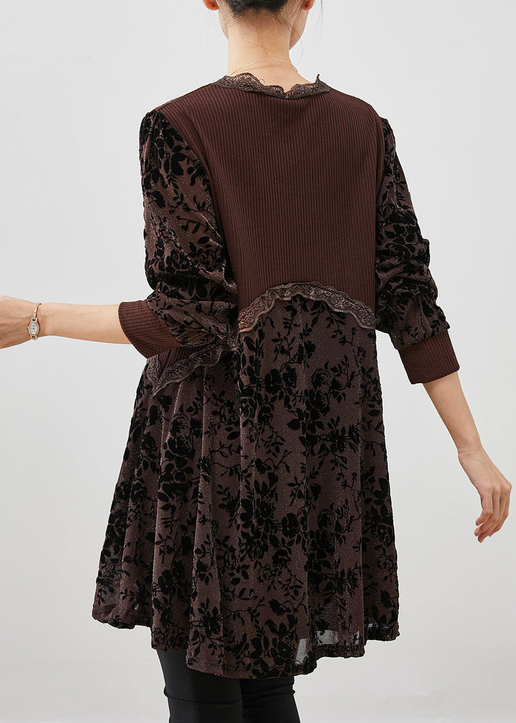 Chocolate Jacquard Patchwork Silk Velour Dresses V Neck Fall