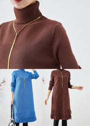 Chocolate Knit Sweater Dress High Neck Tasseled Fall