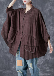 Chocolate Loose Linen Shirt Stand Collar Pockets Batwing Sleeve