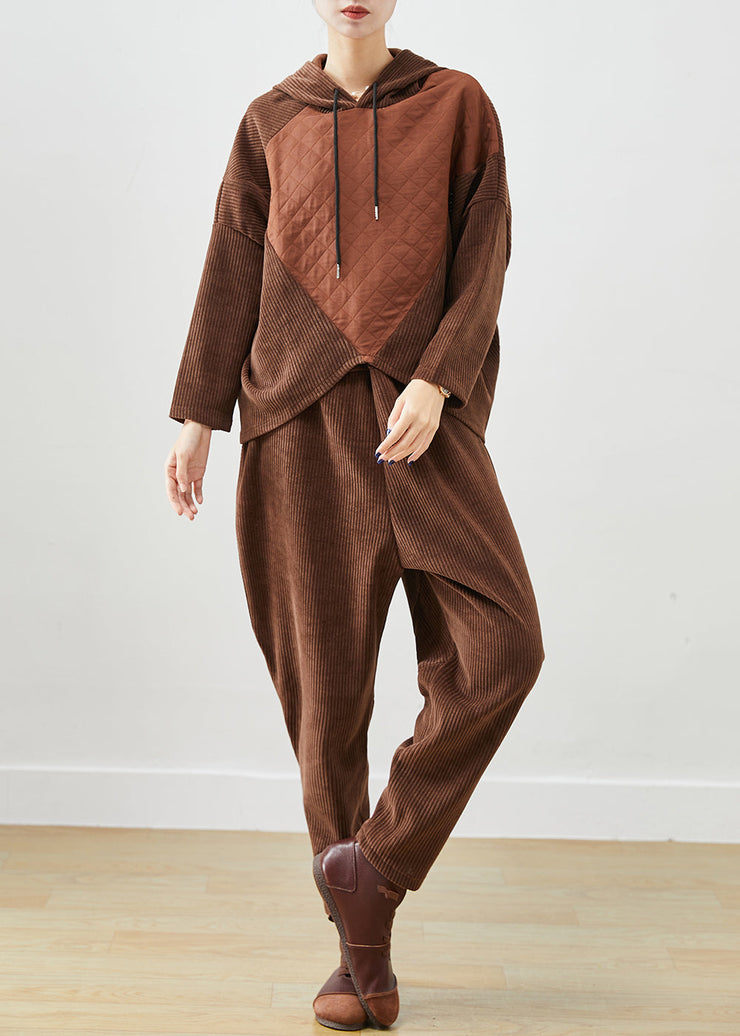 Chocolate Patchwork Corduroy Two Pieces Set Oversized Batwing Sleeve