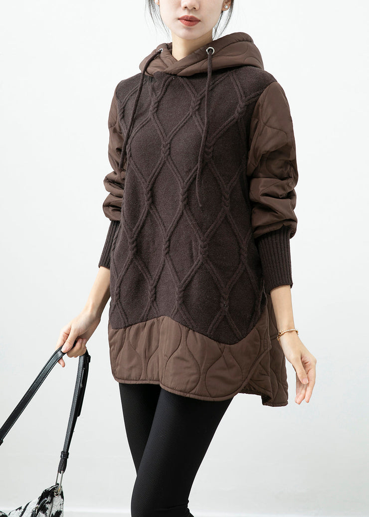 Chocolate Patchwork Knit Fine Cotton Filled Pullover Streetwear Dress Hooded Winter