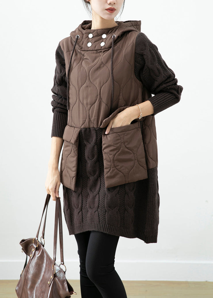 Chocolate Patchwork Knit Warm Fleece Pullover Sweatshirt Dress Hooded Pockets Winter