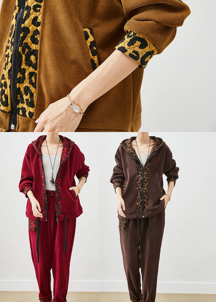 Chocolate Patchwork Leopard Warm Fleece Corduroy Two Piece Set Outfits Winter