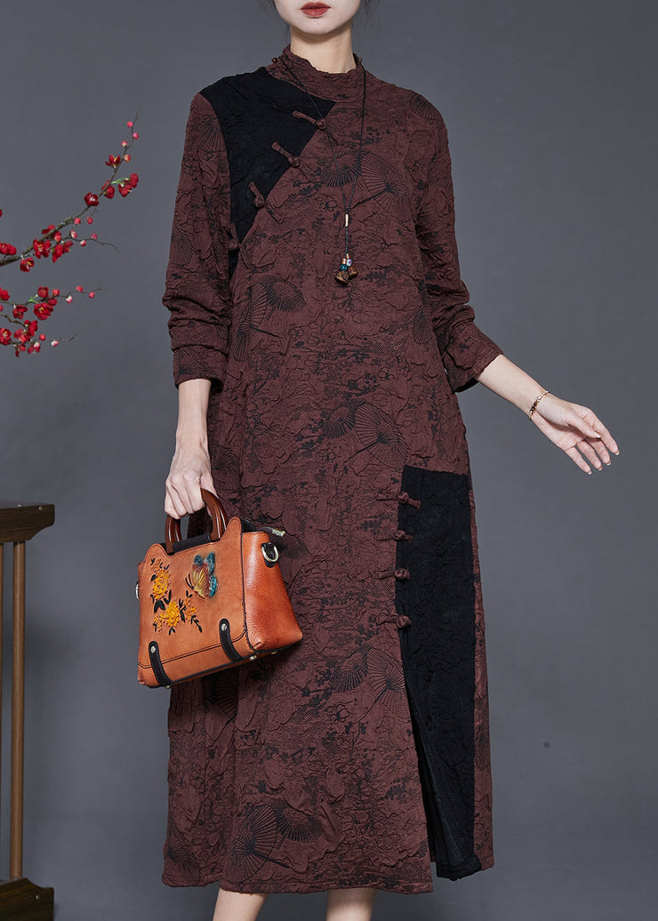 Chocolate Patchwork Silk Dresses Asymmetrical Jacquard Spring